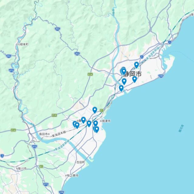静岡グルメの名店マップ カナキン亭 よこ多 うんの 金とき さわやかの位置